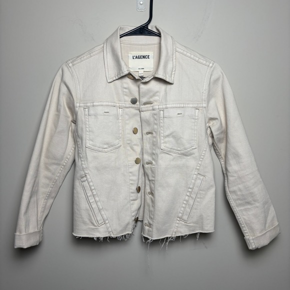 L'AGENCE Jackets & Blazers - L'AGENCE Janelle Beige Cream Frayed Raw Hem Cropped Denim Jean Jacket Women XS